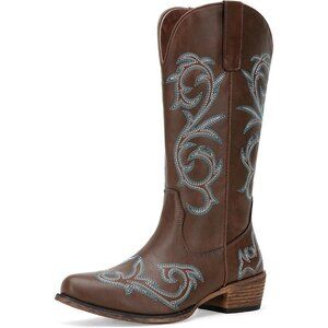 ⭐Round Toe Embroidered Mid High Wide Calf Chunky Pull on Boot Inside Zipper💫